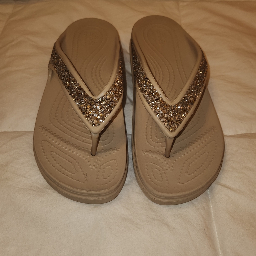 Crocs Gold Sparkly Flip Flops